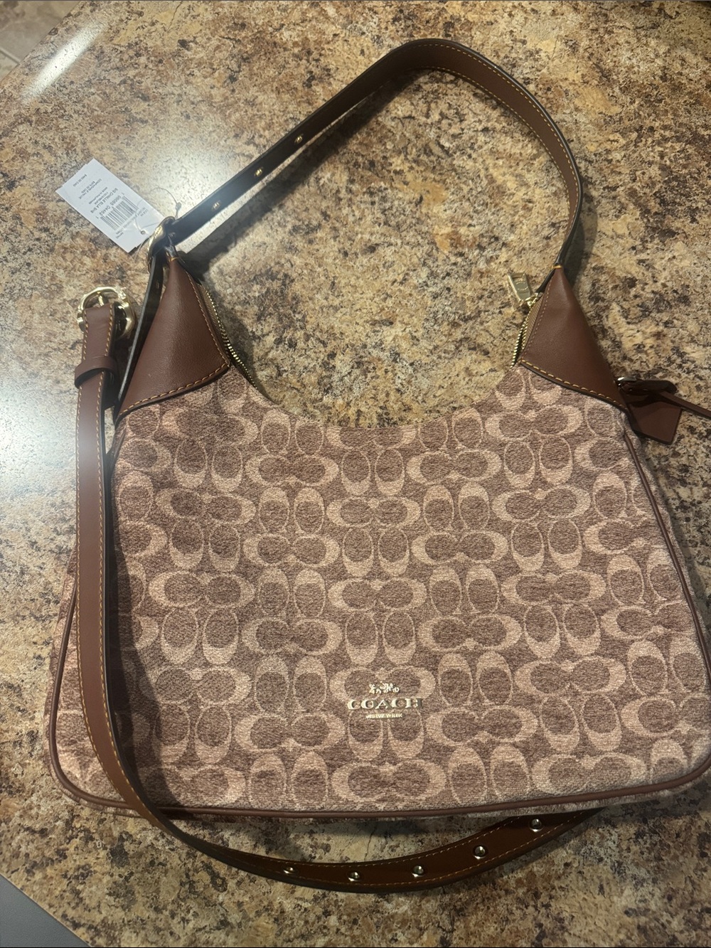 Coach Brown Signature Jacquard Shoulder Bag with Leather Trim